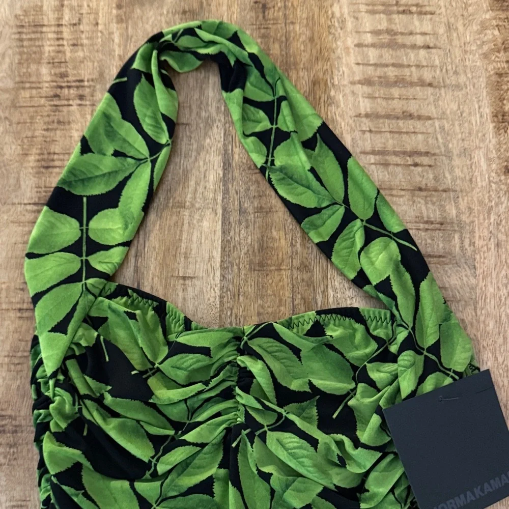 Norma Kamali Bill Mio Green leaves tree Leaf Halter swim bathing suit NWT small